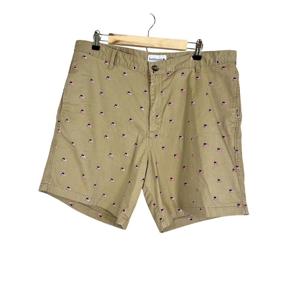 Retro American Flag Khaki Shorts‎ 38W Tan Chino Preppy Classic Resort Patriotic